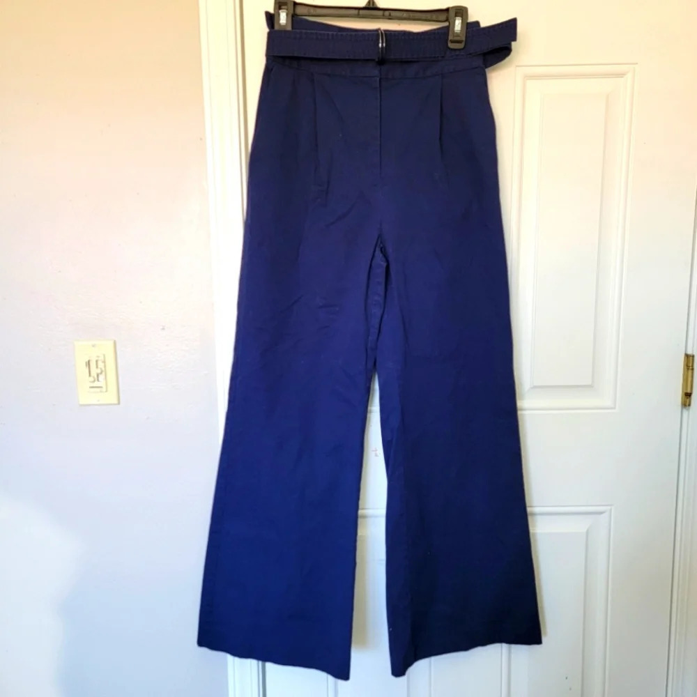 Karenbritchick The Drop Navy Blue Belted Wide Leg Paper Bag Women's Pants Sz M